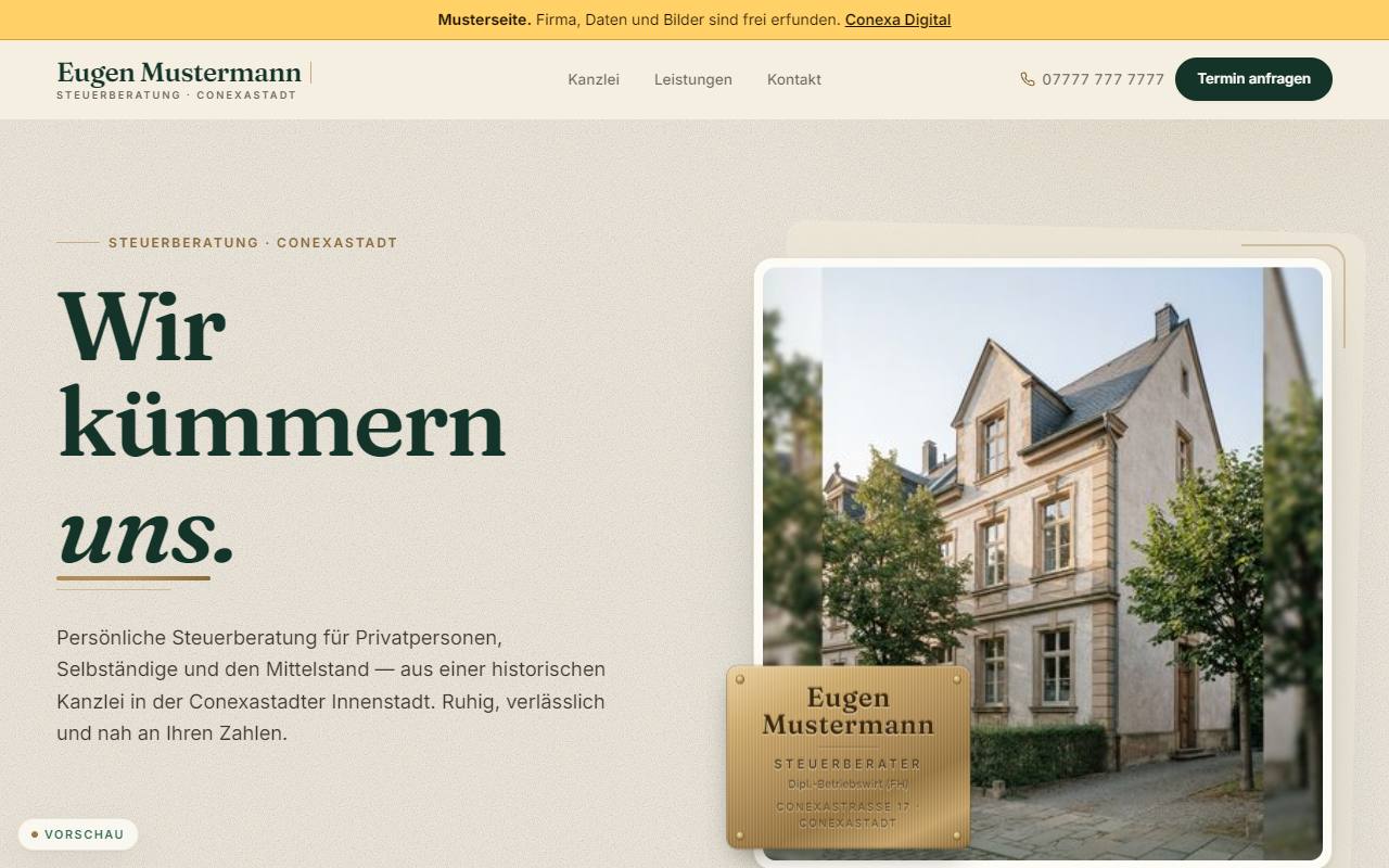 Startseite des Entwurfs für Steuerberatung