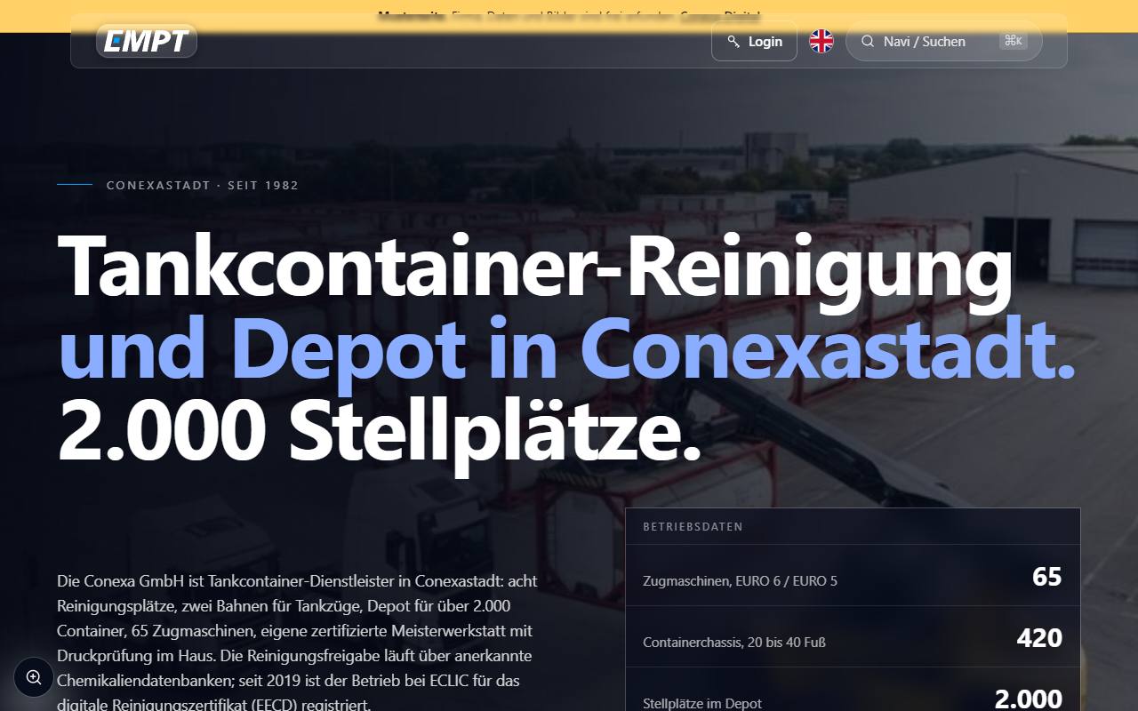 Startseite des Entwurfs für Tankcontainer · Reinigung und Depot